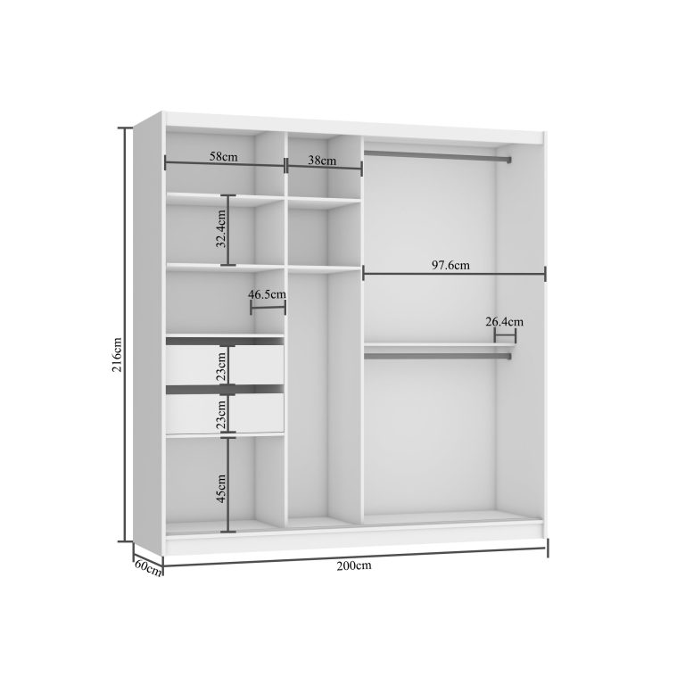 Armadio 200 cm Belini bianco opaco / grigio lucido con ante scorrevoli a specchio e cassetti Produttore MGB SZP5/1/W/1L5S/KLAL
