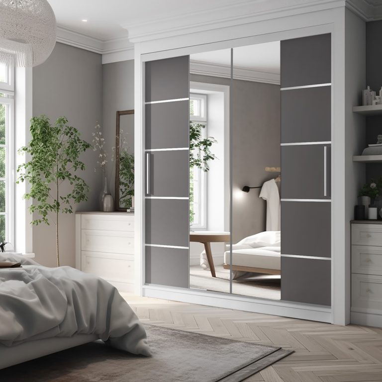 Armadio 200 cm Belini bianco opaco / grigio opaco con ante scorrevoli a specchio e cassetti Produttore ME SZP5/1/W/SR/0/KLAL
