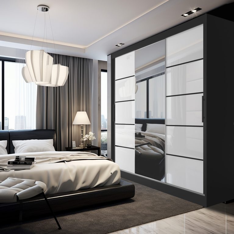 Armadio 235 cm Belini nero opaco / bianco lucido con ante scorrevoli a specchio e cassetti Produttore MGB SZP8/0/B/2W1L/KLP