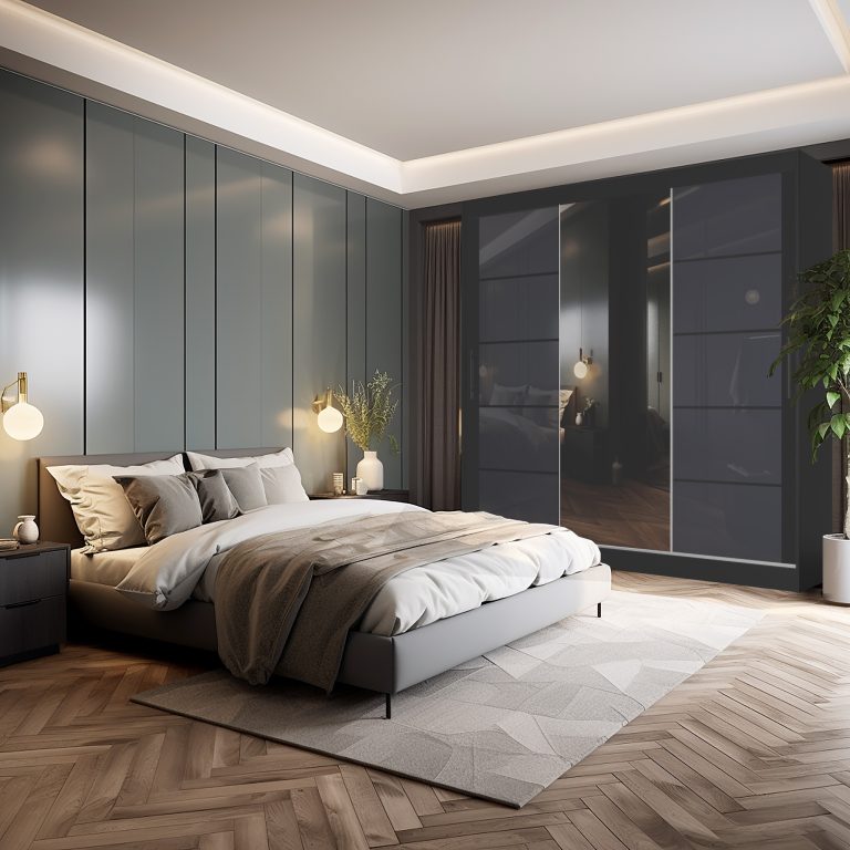 Armadio 235 cm Belini nero opaco / grigio lucido con ante scorrevoli a specchio e cassetti Produttore MGB SZP8/0/B/2S1L/KLP
