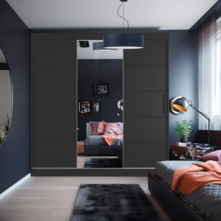 Armadio 235 cm Belini nero opaco con ante scorrevoli a specchio e cassetti Produttore MBP SZP8/0/1B/2B1L/0/KLP/