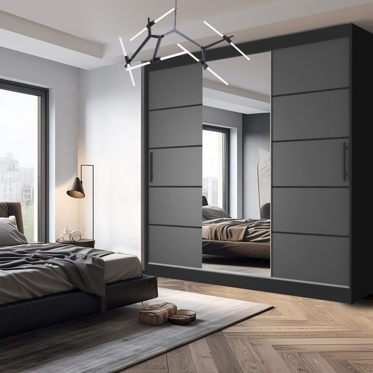 Armadio 200 cm Belini nero opaco / grigio opaco con ante scorrevoli a specchio e cassetti Produttore MT SZP5/1/B/SR/0/KLP