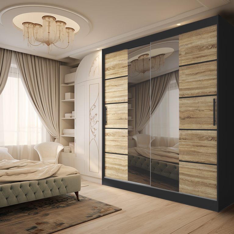 Armadio 200 cm Belini nero opaco / rovere sonoma con ante scorrevoli a specchio e cassetti Produttore ME SZP5/1/B/DS/0/KLP

