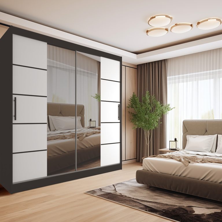 Armadio 200 cm Belini nero opaco / bianco opaco con ante scorrevoli a specchio e cassetti Produttore ME SZP5/1/B/W/0/KLP
