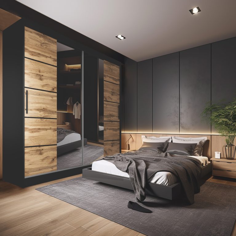Armadio 200 cm Belini nero opaco / rovere wotan con ante scorrevoli a specchio e cassetti Produttore ME SZP5/1/B/DW/0/KLP