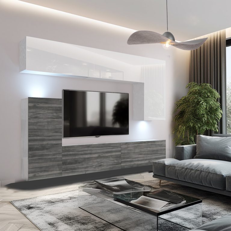 Parete attrezzata Belini Premium Versione completa Bianco lucido-Antracite Glamour Wood + Illuminazione LED Nexum 118 Produttore NEX 8/0/W/WGW1/0/0/PP