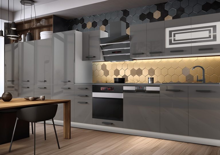 Belini Cucina Premium 300 cm grigio lucido con piano di lavoro CINDY Produttore INF CINDY/0/WT/S/B/B1