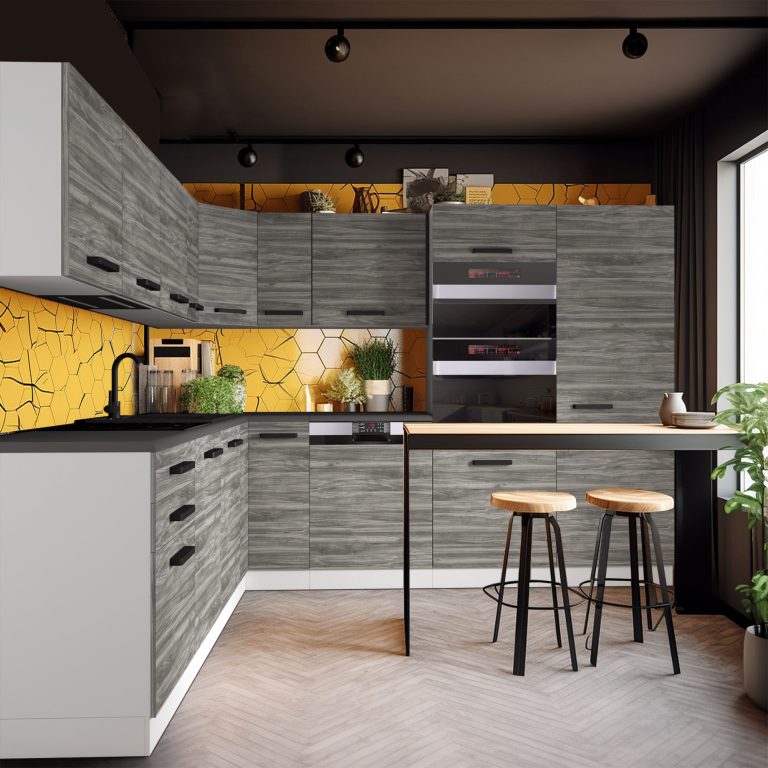 Belini Premium cucina ad angolo 540 cm Grigio Antracite Glamour Wood con piano di lavoro JANE Produttore TOR JANE/0/WT/GW/B/B1