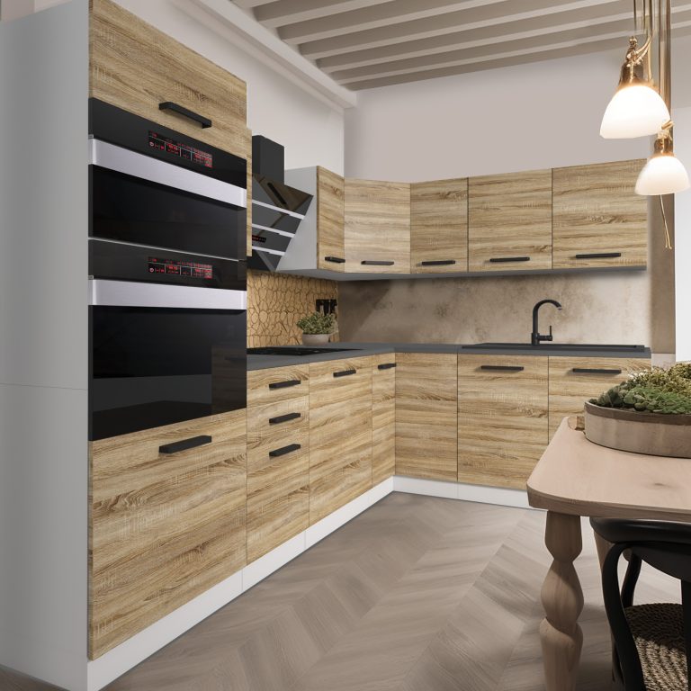 Belini Cucina angolare Premium 420 cm Piano di lavoro in rovere Sonoma MELANIE Produttore TOR MELANIE/0/WT/DS/B/B1