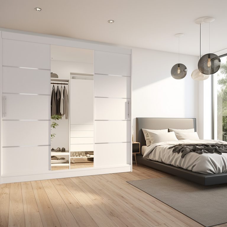 Armadio 235 cm Belini bianco opaco con ante scorrevoli a specchio e cassetti Produttore MBP SZP8/0/1W/2W1L/0/KLAL