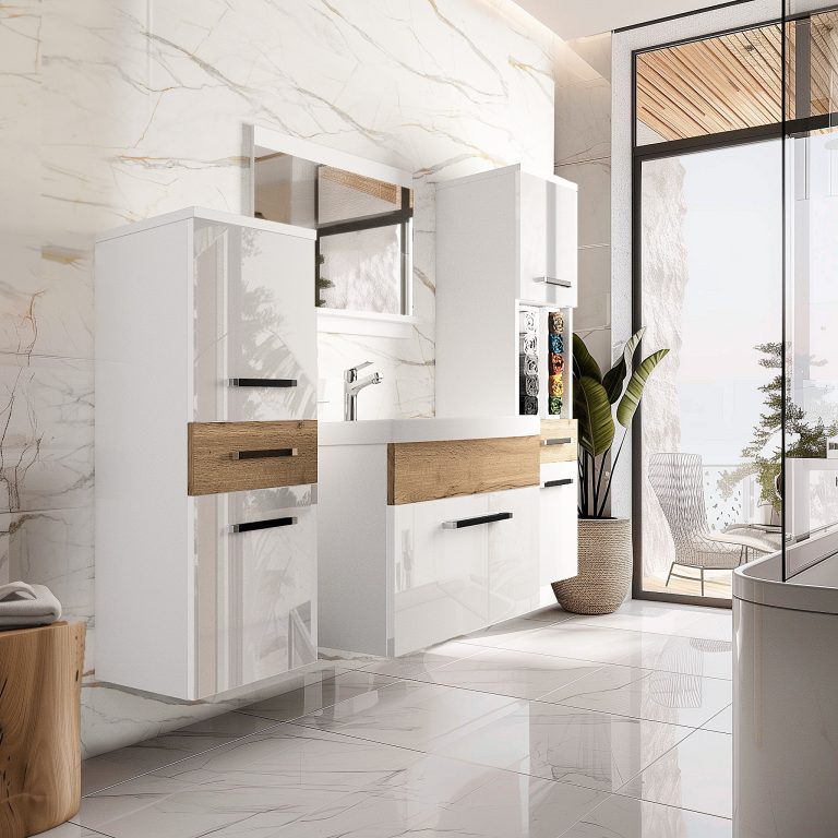 Mobili da bagno Belini bianco lucido / rovere wotan + lavabo + specchio Produttore ROD PM 5/0/W/WDW/0/ZW