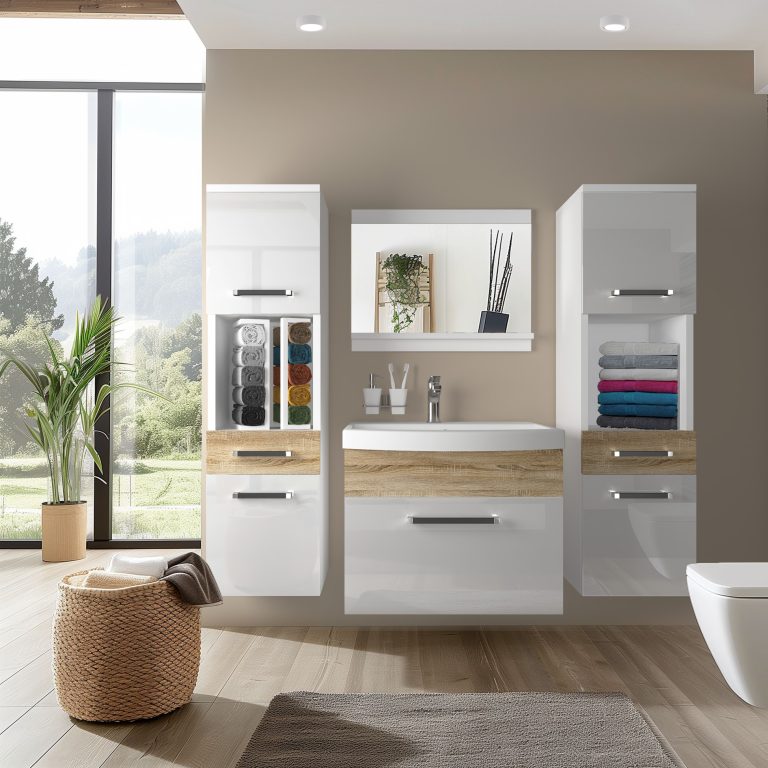 Mobili da bagno Belini bianco lucido / rovere sonoma + lavabo + specchio Produttore ROD PM 6/0/W/WDS/0/ZW