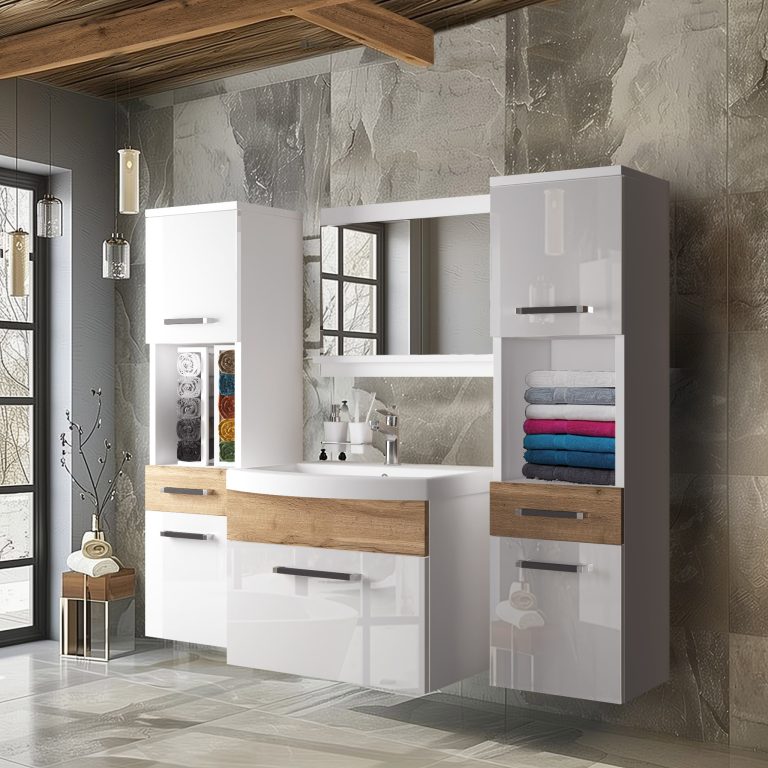 Mobili da bagno Belini bianco lucido / rovere wotan + lavabo + specchio Produttore ROD PM 6/0/W/WDW/0/ZW
