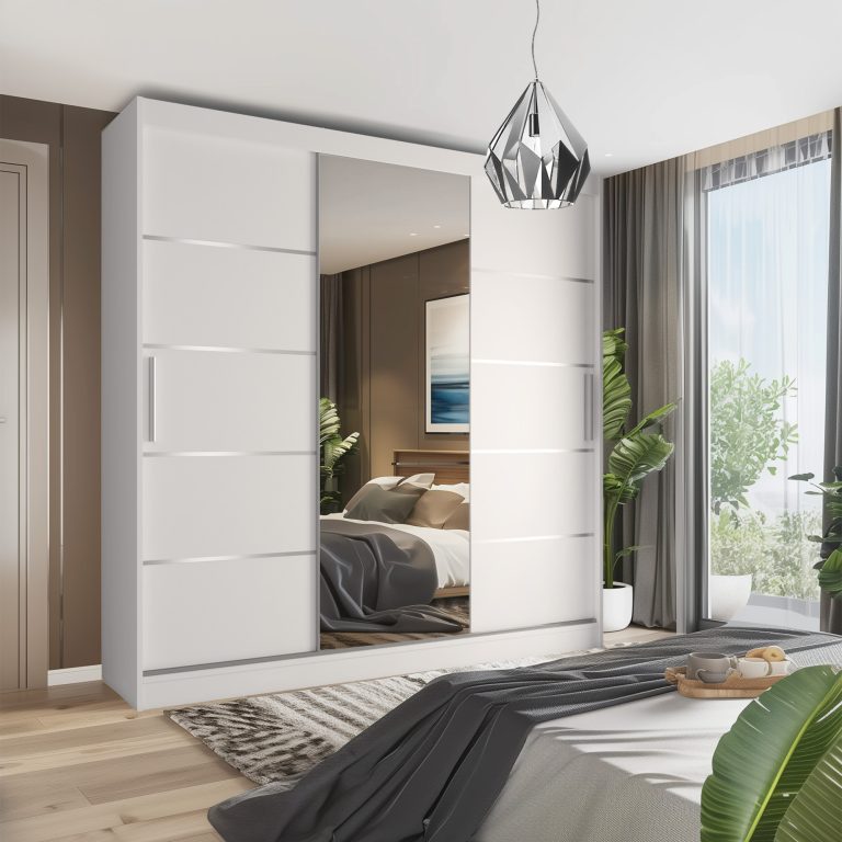 Armadio 235 cm Belini bianco opaco con ante scorrevoli a specchio e cassetti Produttore MBP SZP8/0/1W/2W1L/0/KLAL