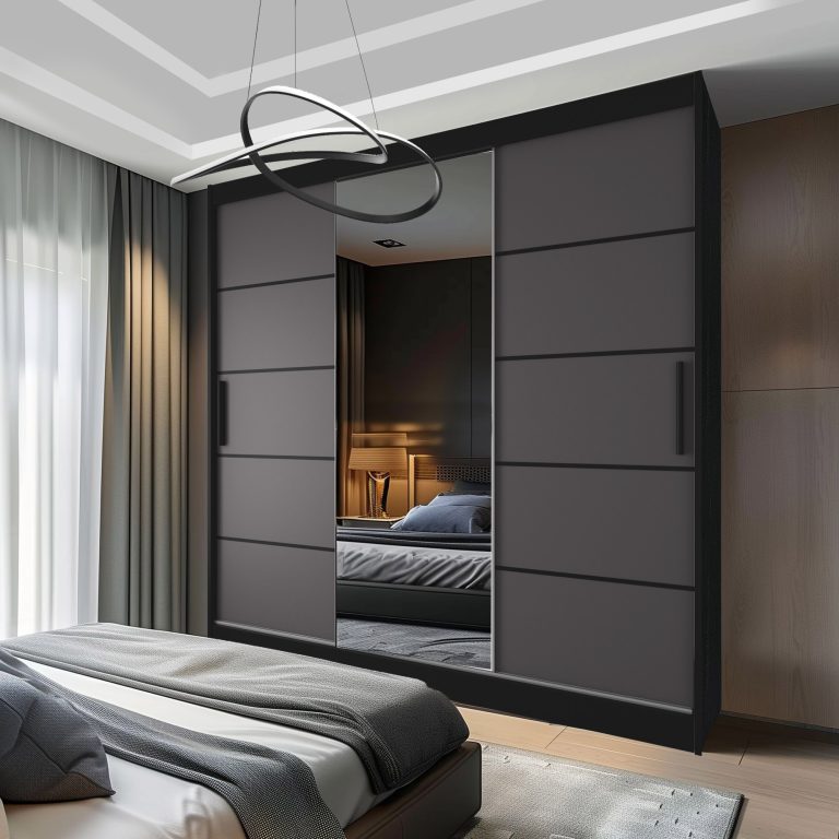 Armadio 200 cm Belini nero opaco / grigio opaco con ante scorrevoli a specchio e cassetti Produttore MT SZP5/1/B/SR/0/KLP
