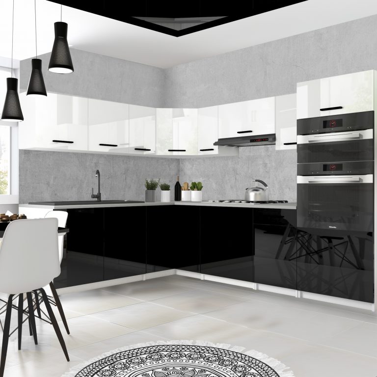 Mobili da cucina 420 cm bianco lucido nero lucido con piano di lavoro Produttore INF UNIQAGRANDE/5/WT/WB/0/B1