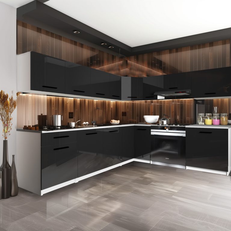 Mobili da cucina 420 cm nero lucido con piano di lavoro Produttore INF UNIQAPLUS/4/WT/B/0/B1