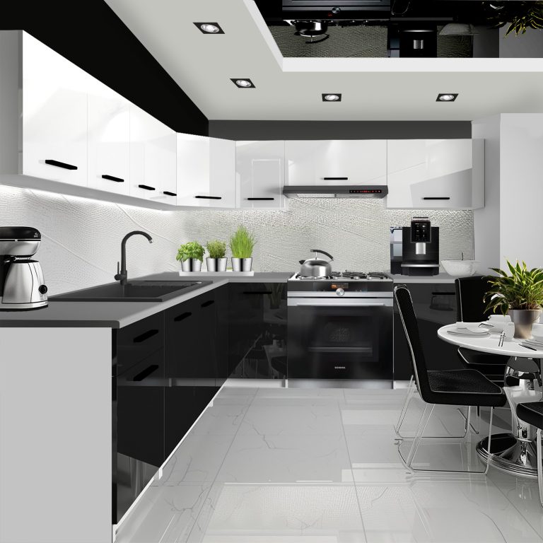 Mobili da cucina 420 cm bianco lucido nero lucido con piano di lavoro Produttore INF UNIQAPLUS/4/WT/WB/0/B1