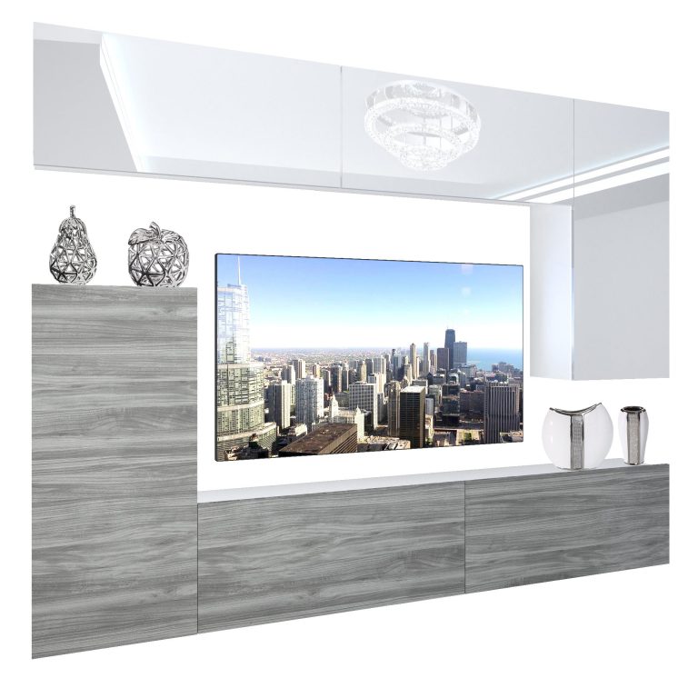 Parete attrezzata Belini Premium Versione completa Bianco lucido-Antracite Glamour Wood + Illuminazione LED Nexum 118 Produttore NEX 8/0/W/WGW1/0/0/PP