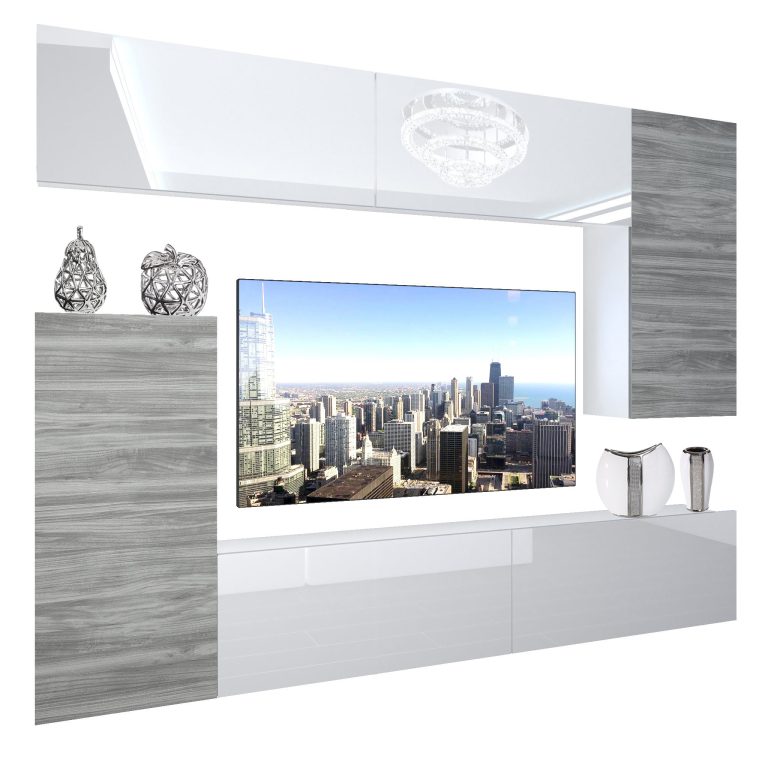 Parete attrezzata Belini Premium Versione completa Bianco lucido-Antracite Glamour Wood + Illuminazione LED Nexum 119 Produttore NEX 8/0/W/WGW1WGW1/0/0/PP