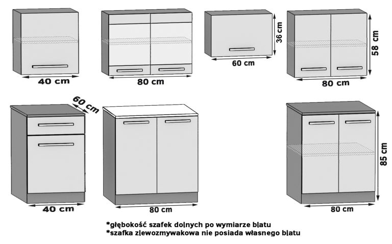 Mobili da cucina JUSTYNA 260 cm grigio lucido con piano di lavoro Produttore INF JUSTYNA/0/WT/S/0/B1