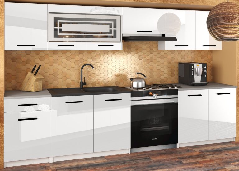 Mobili da cucina JUSTYNA 260 cm bianco lucido senza piano di lavoro Produttore INF JUSTYNA/0/WT/W/BB/B1