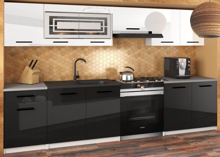 Mobili da cucina JUSTYNA 260 cm bianco lucido nero lucido senza piano di lavoro Produttore INF JUSTYNA/0/WT/WB/BB/B1