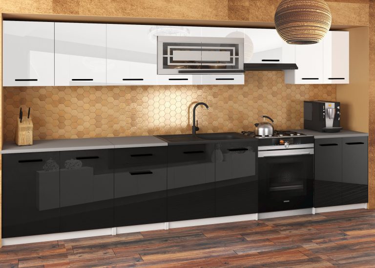Mobili da cucina JULIA 320 cm bianco nero lucido nero lucido senza piano di lavoro Produttore INF JULIA/0/WT/WB/BB/B1