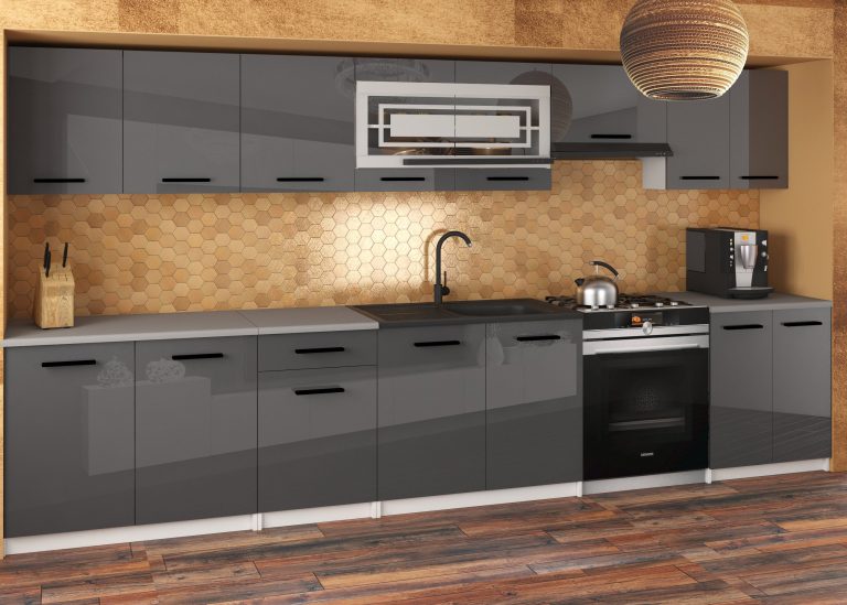 Mobili da cucina JULIA 320 cm grigio lucido senza piano di lavoro Produttore INF JULIA/0/WT/S/BB/B1