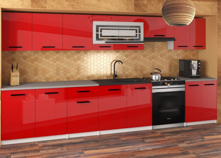 Mobili da cucina JULIA 320 cm rosso lucido senza piano di lavoro Produttore INF JULIA/0/WT/R/BB/B1