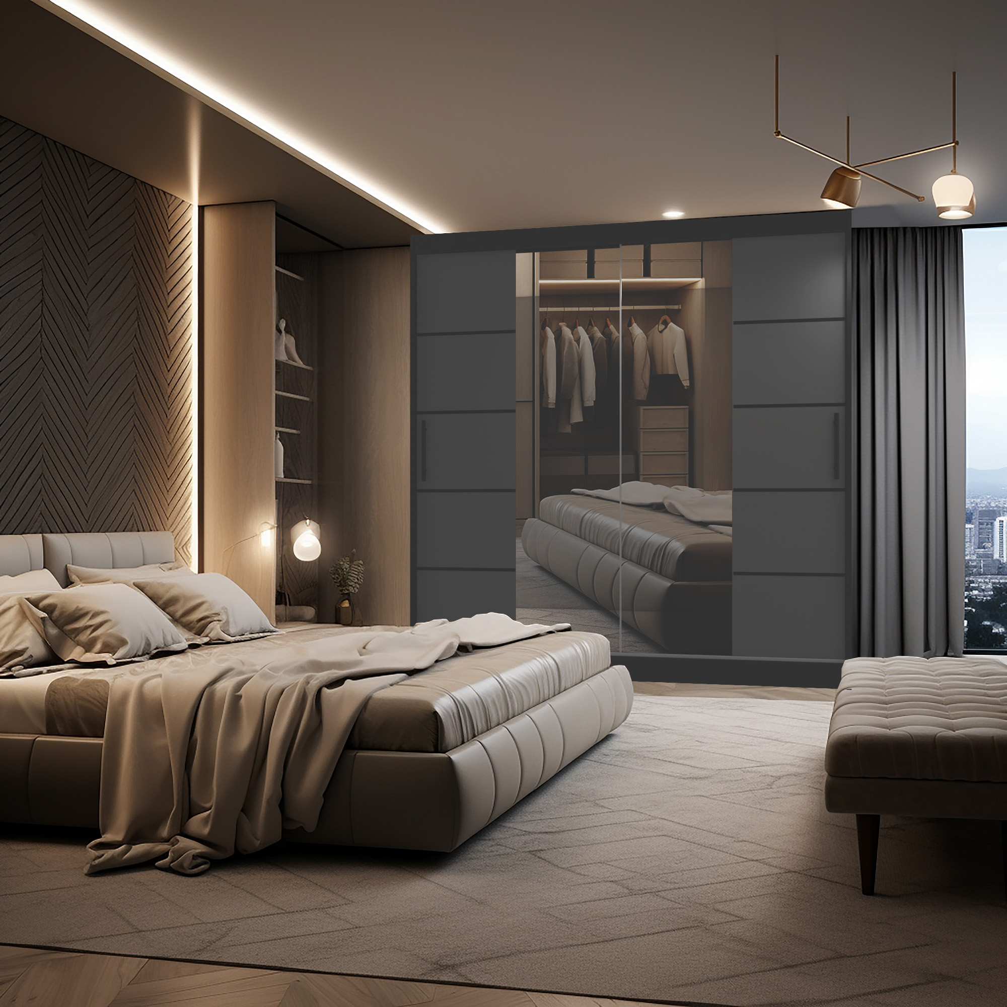 Letto moderno con armadio a specchio in camera lussuosa
