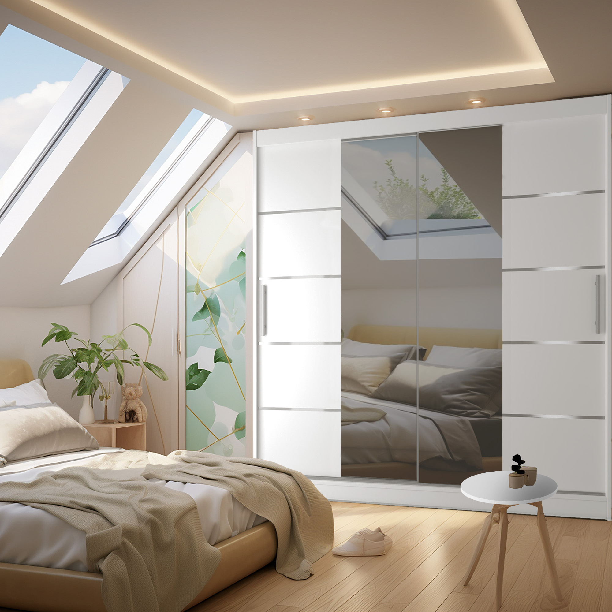 Camera da letto con armadio a specchio e lucernari
