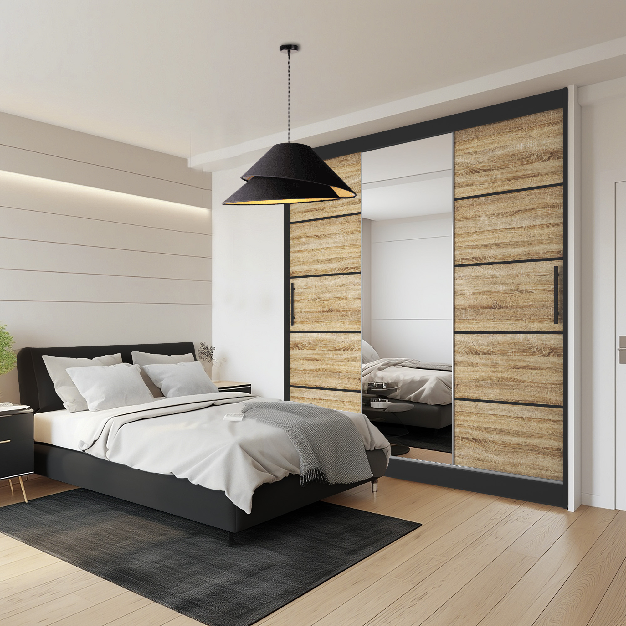 Camera da letto accogliente con mobili in legno