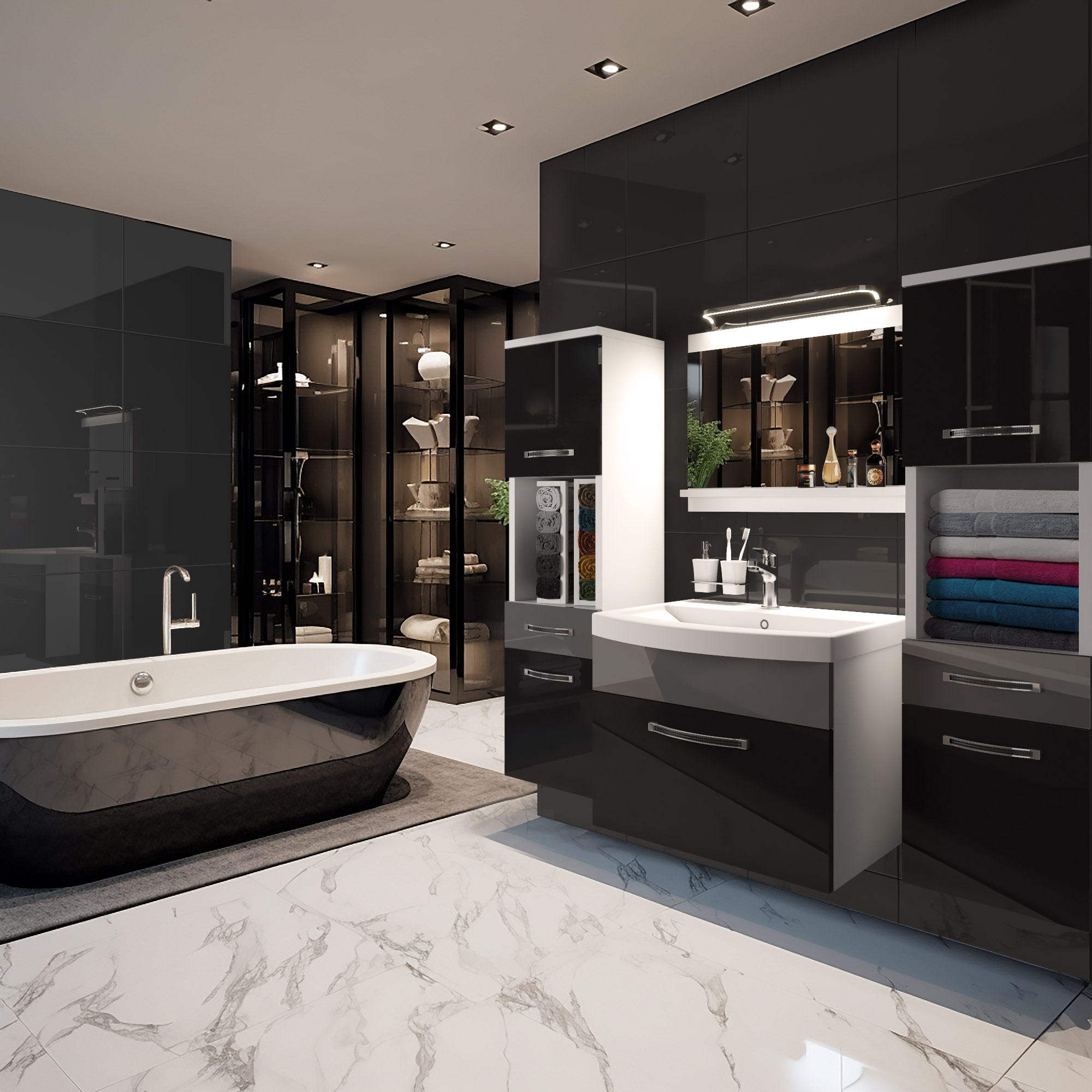Design moderno e lucido di un bagno elegante.