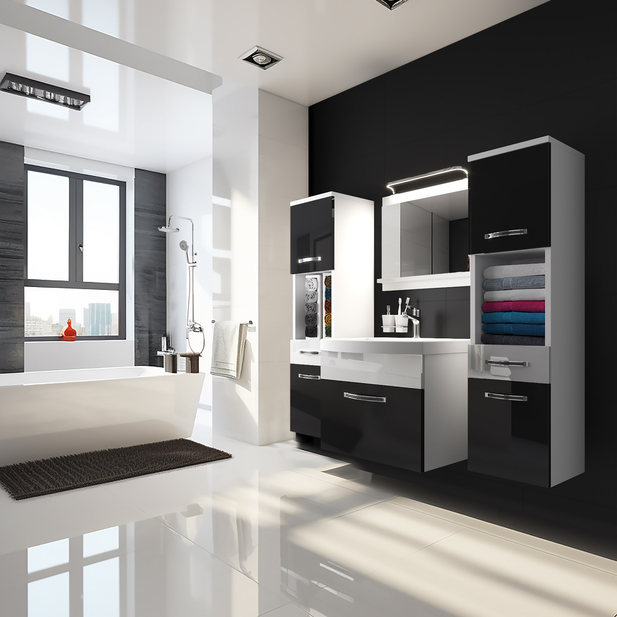 Bagno moderno con mobili neri e bianchi