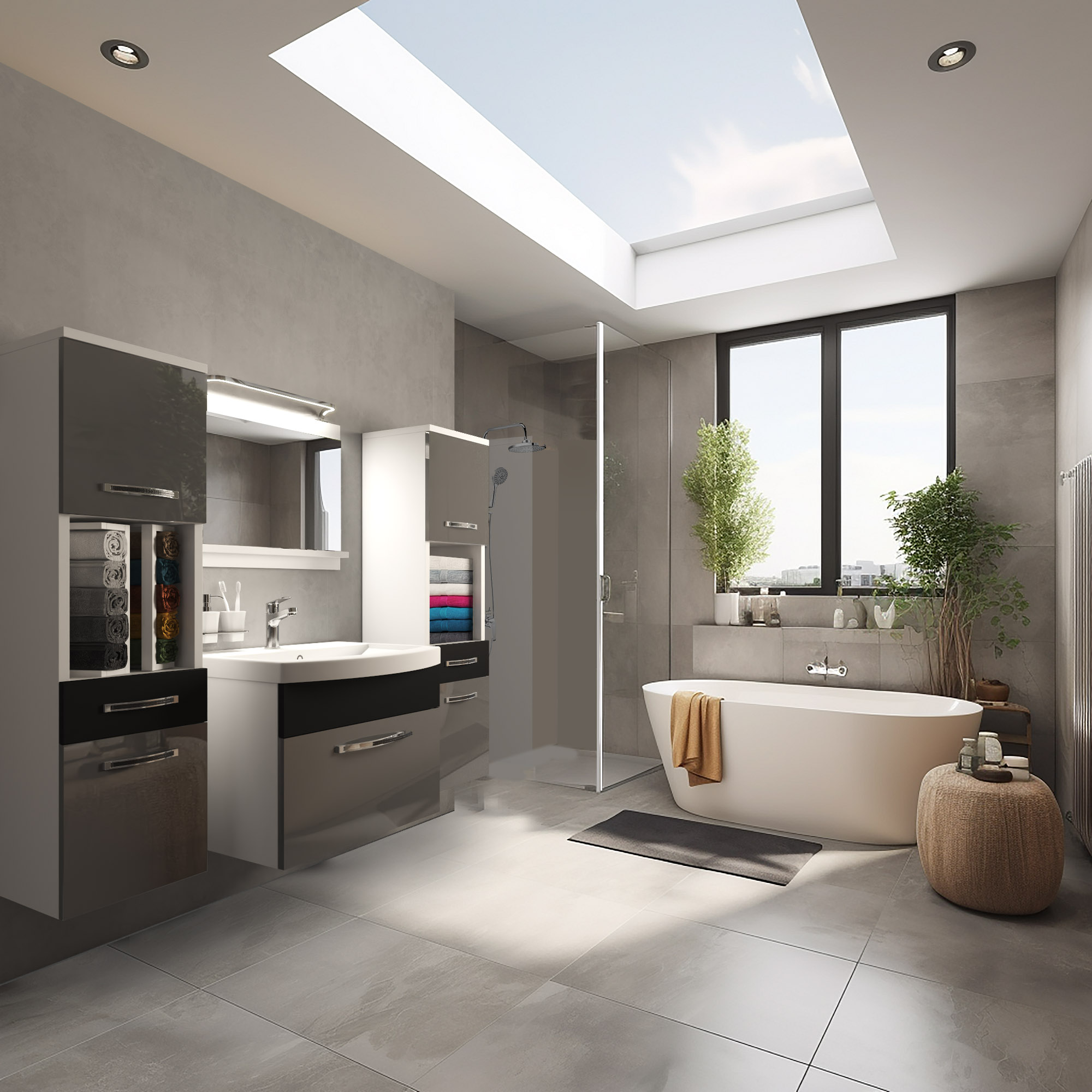 Bagno luminoso con vasca e dettagli naturali