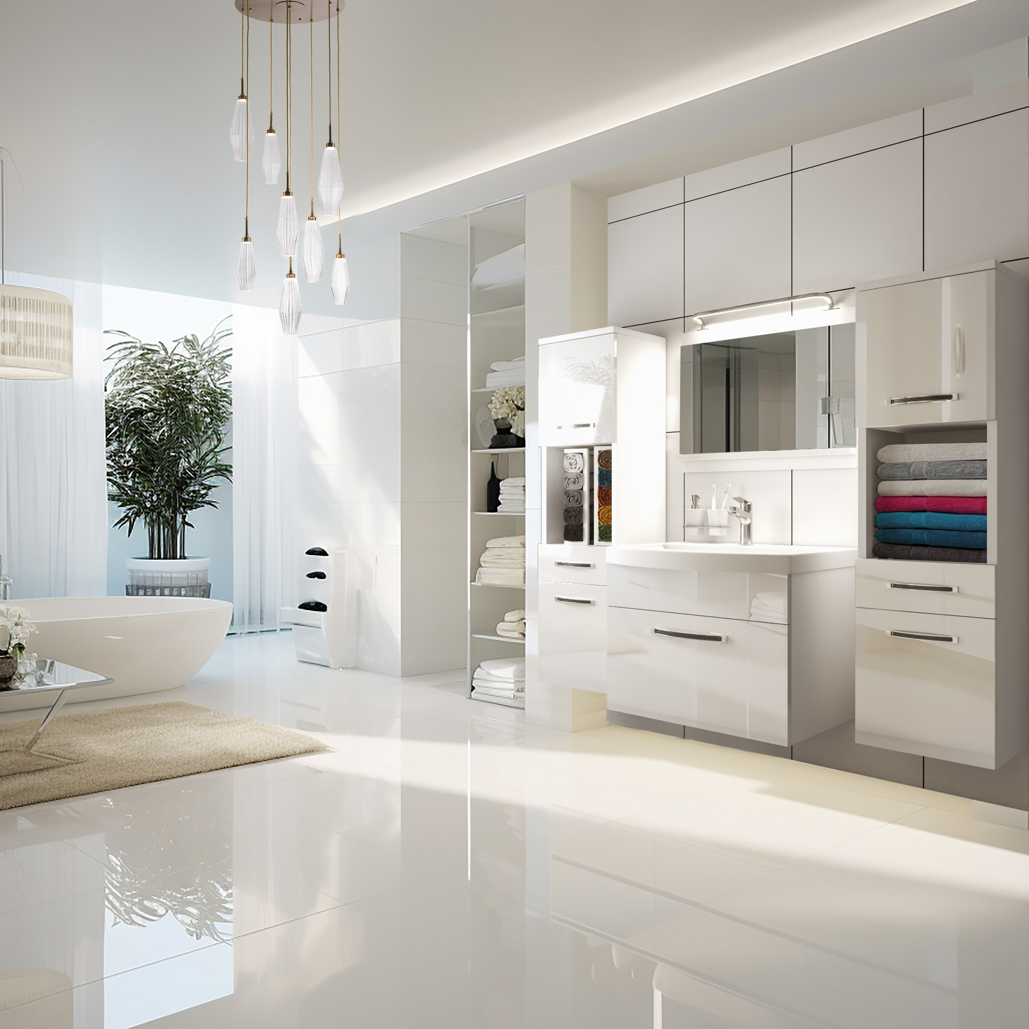Bagno moderno con mobili bianchi lucidi