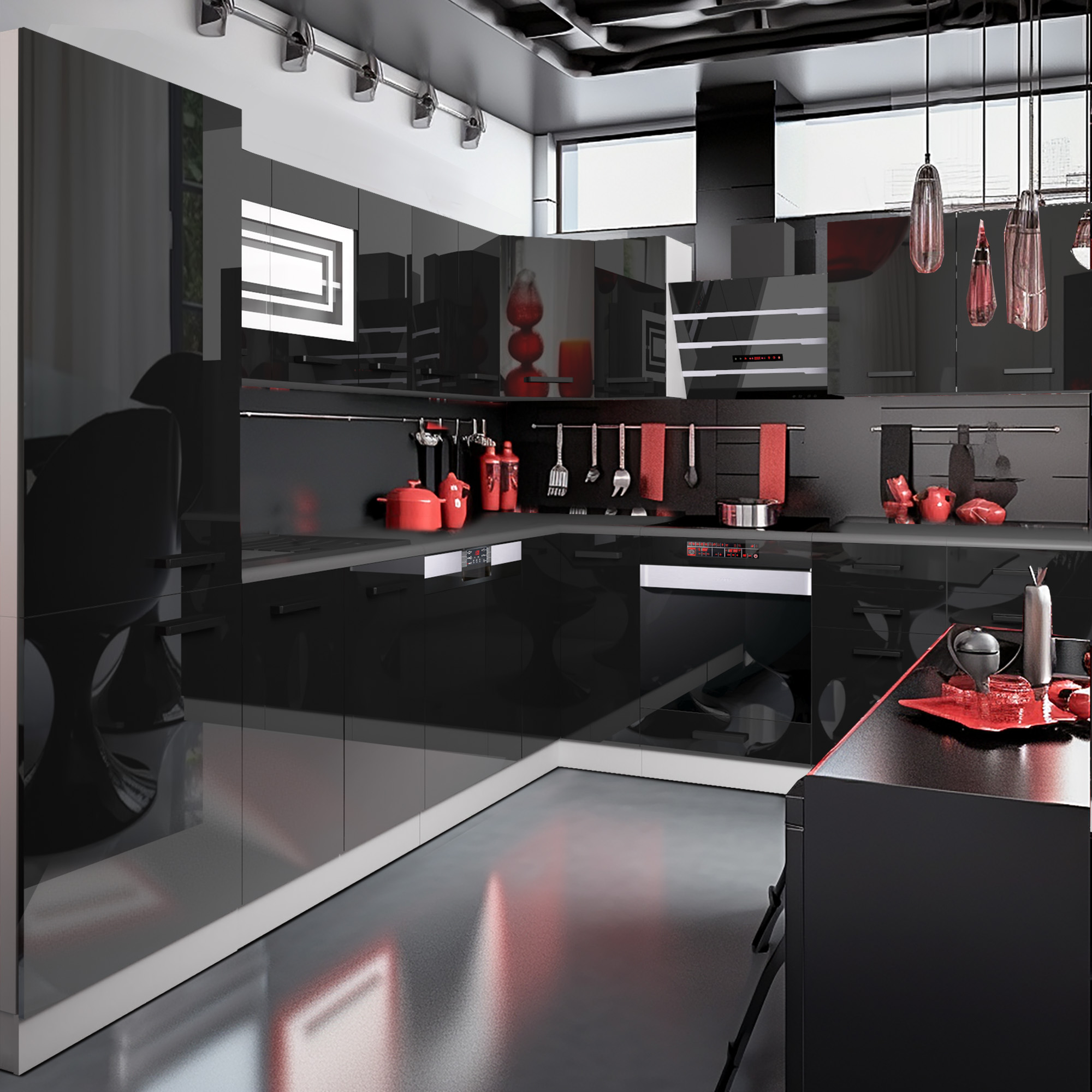 Cucina con superfici nere e dettagli rossi