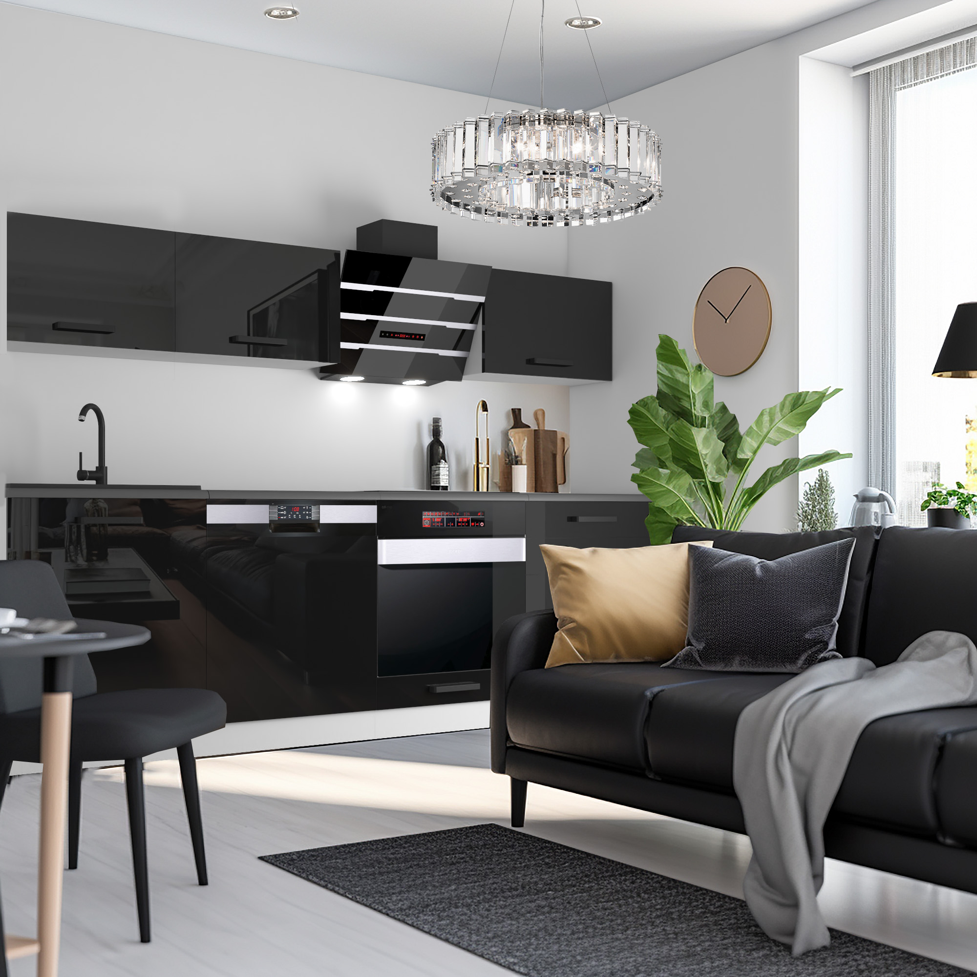 Cucina moderna con mobili scuri e piante accanto