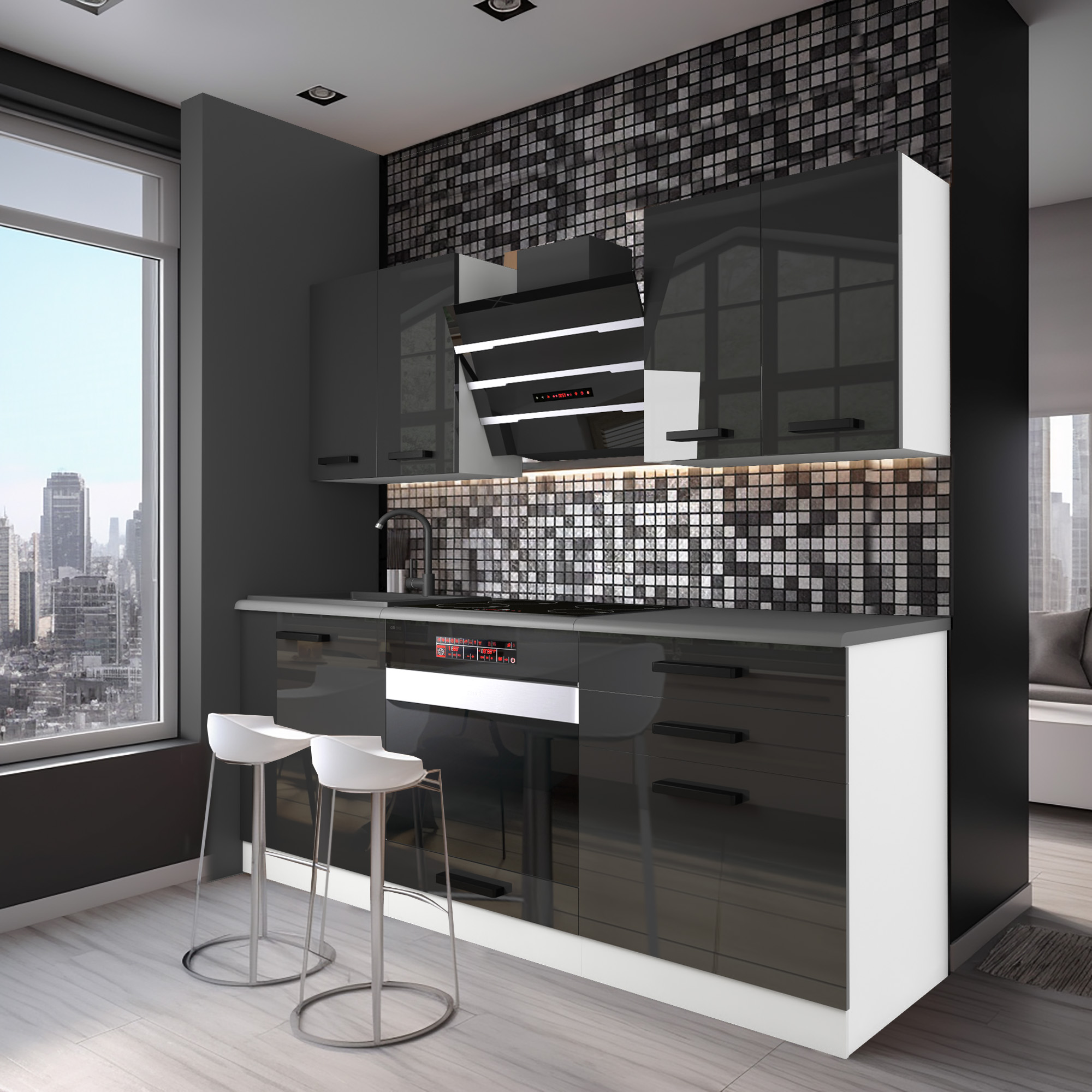 Cucina moderna con dettagli metallici e sgabelli bianchi