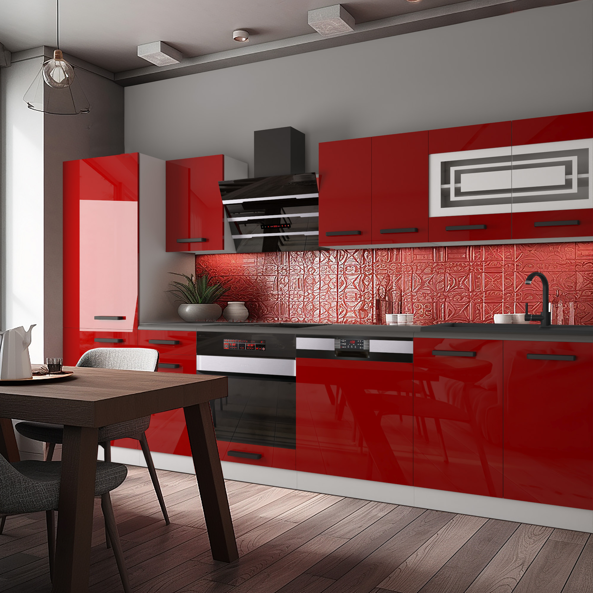 Cucina moderna con mobili rossi e dettagli eleganti