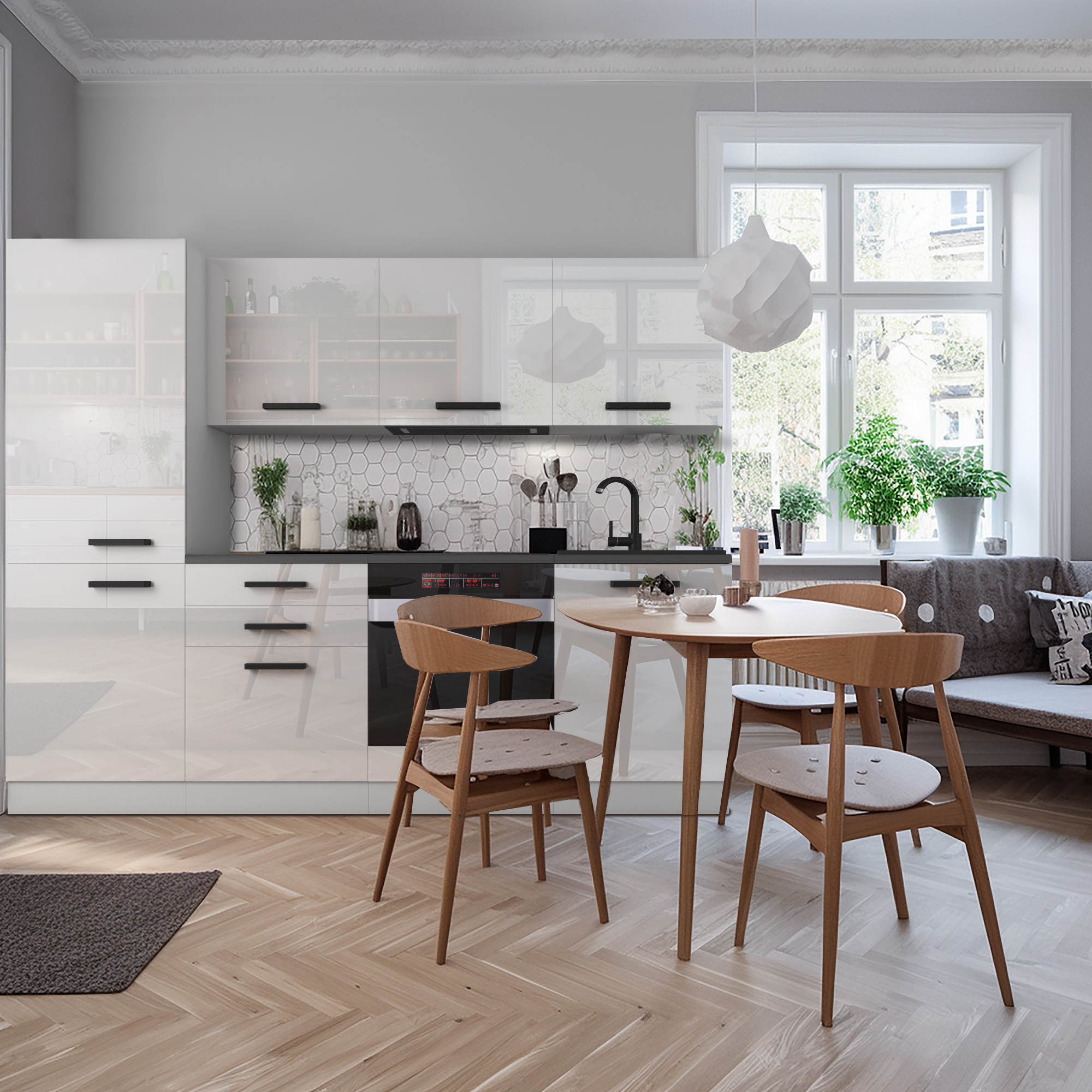 Cucina con mobili lucidi e tavolo in legno
