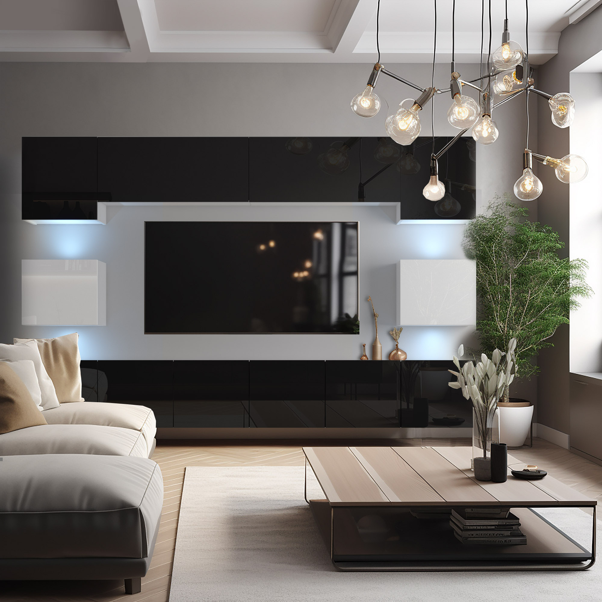Salotto con lampadario artistico e arredo elegante