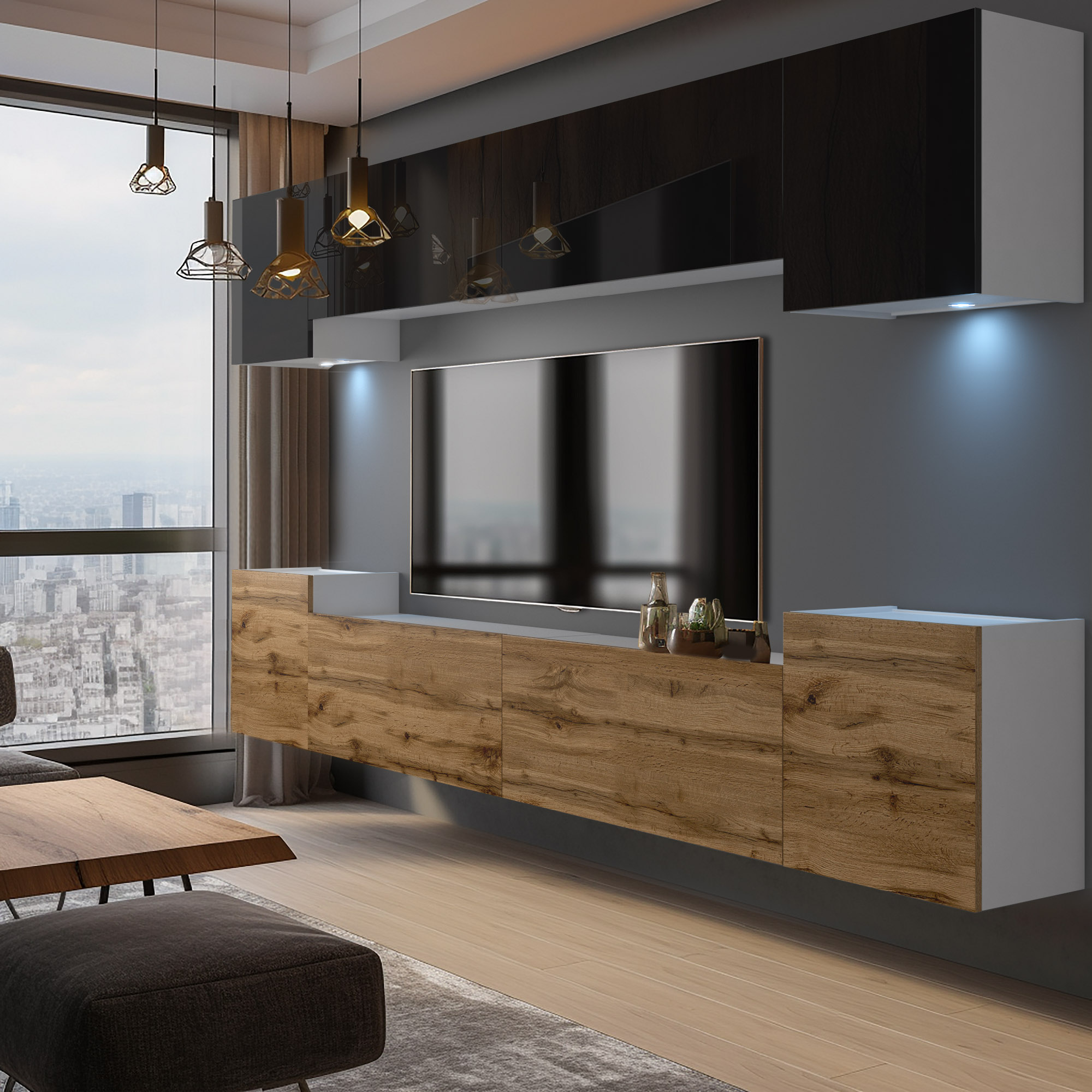 Parete attrezzata con TV sospesa e mobile in legno