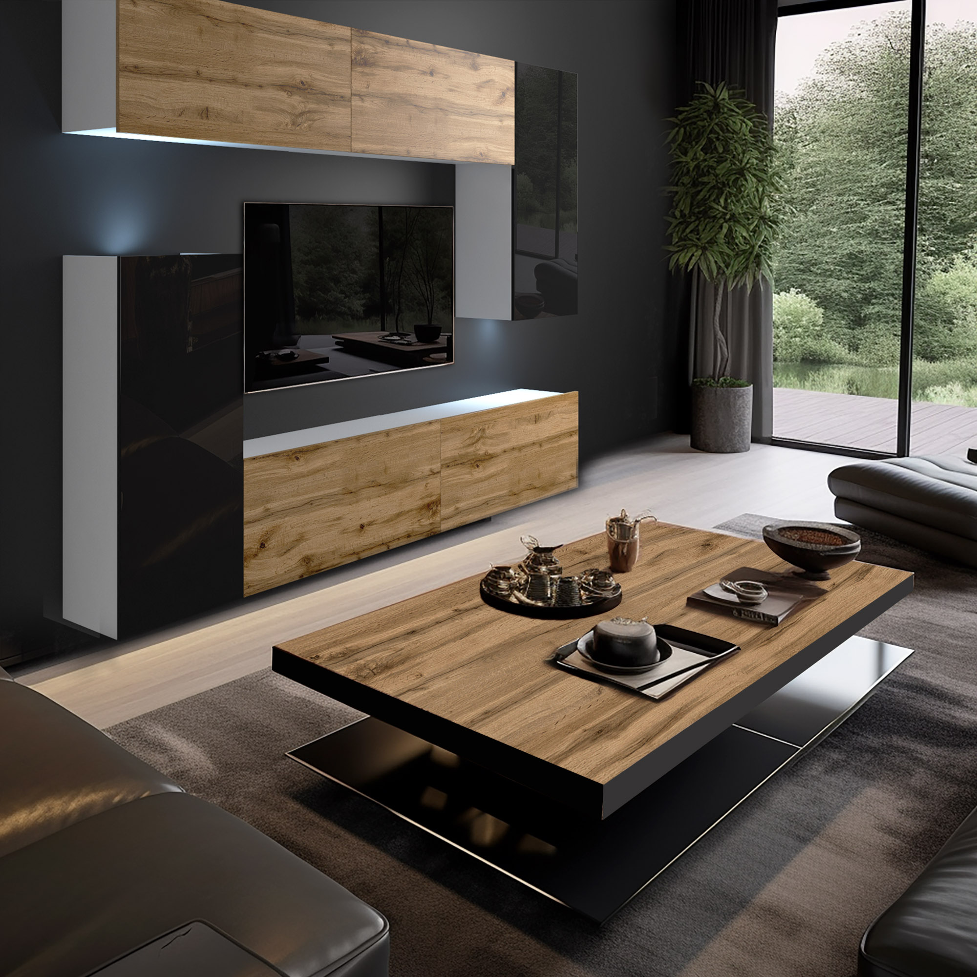 Moderno salotto con mobili in legno e dettagli eleganti