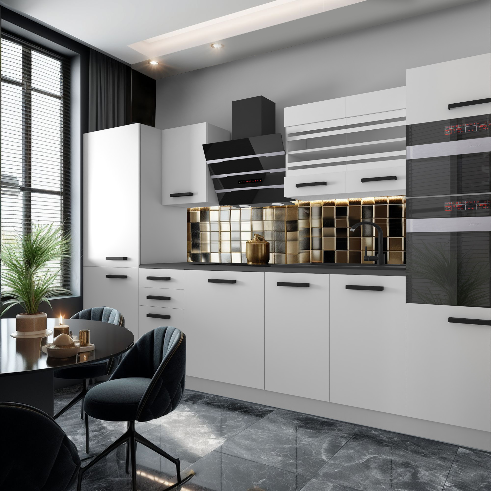 Cucina moderna con dettagli dorati e mobili bianchi