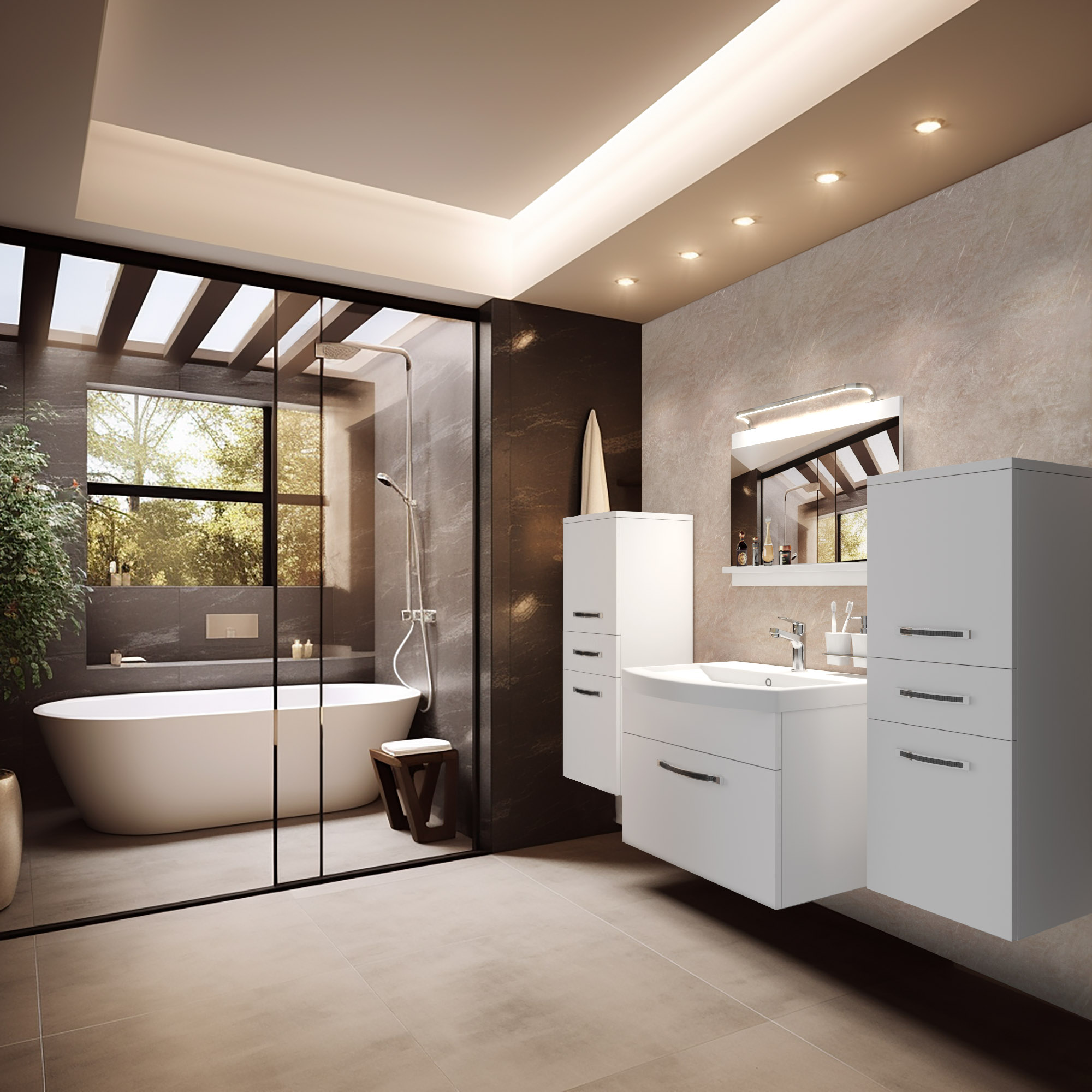 Bagno moderno con vasca e mobili sospesi