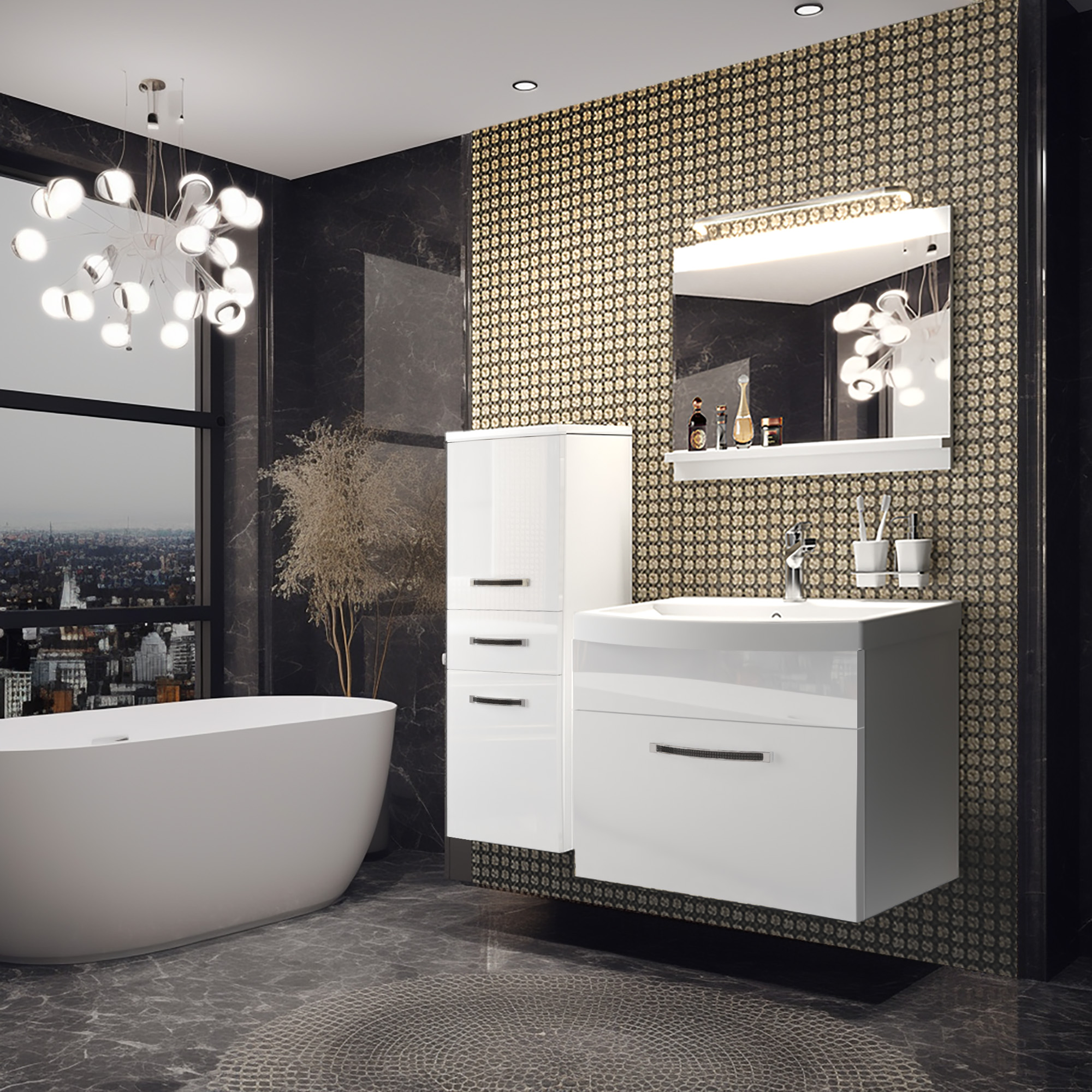 Bagno elegante con lampada a sospensione