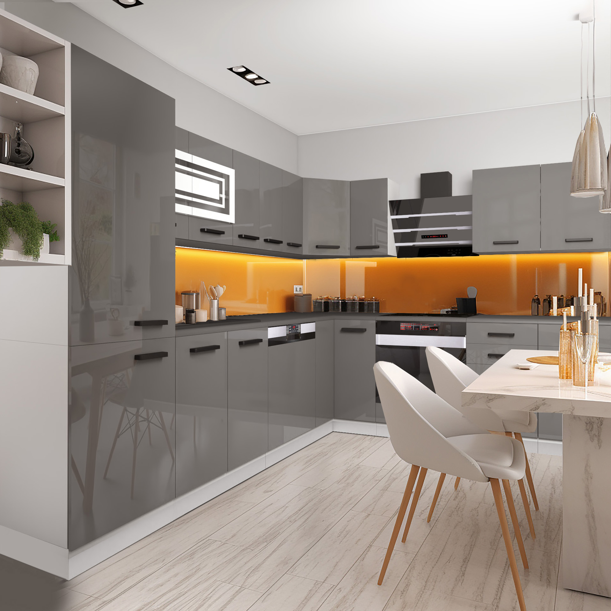 Cucina con armadi grigi e dettagli arancioni