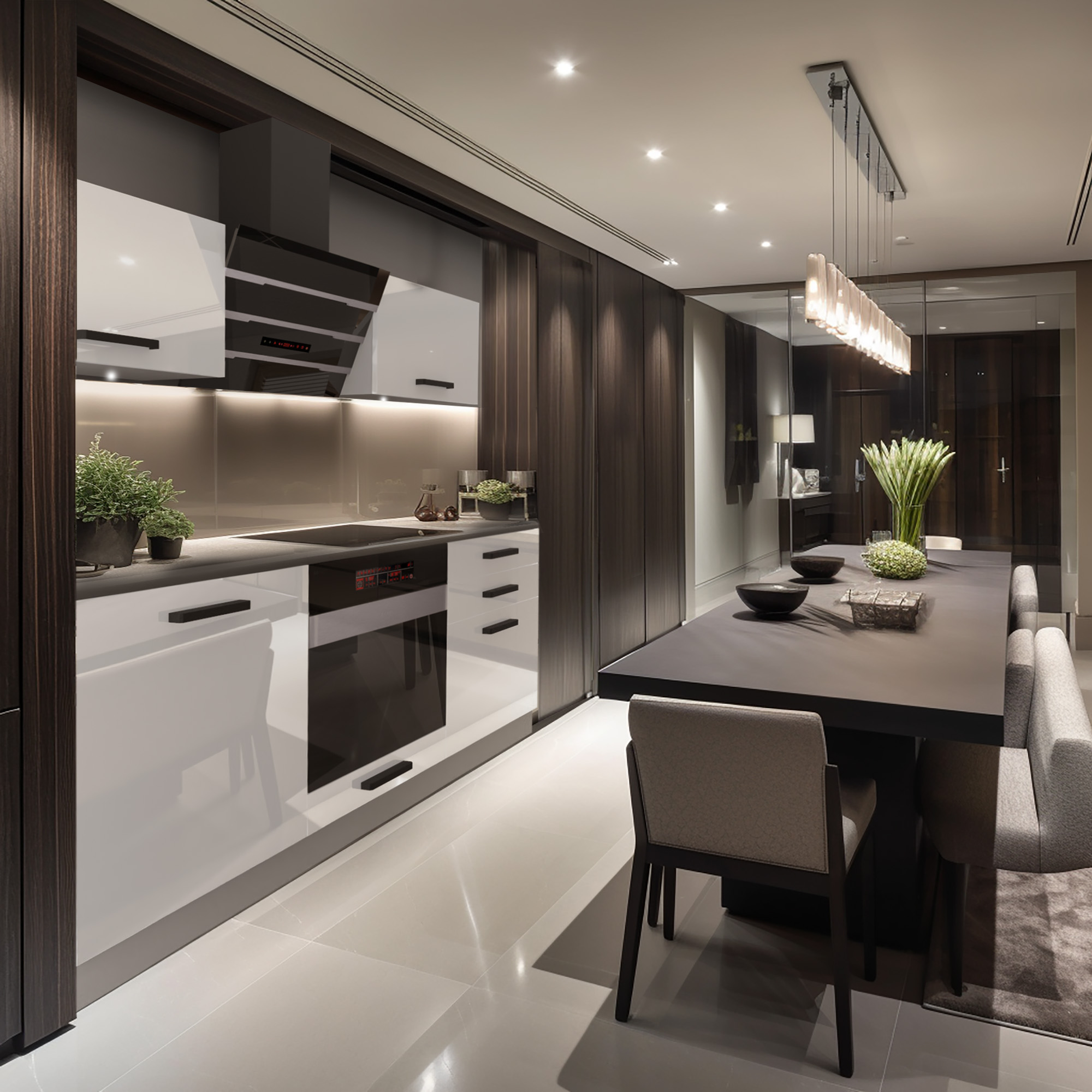 Cucina con tavolo accogliente e mobili eleganti